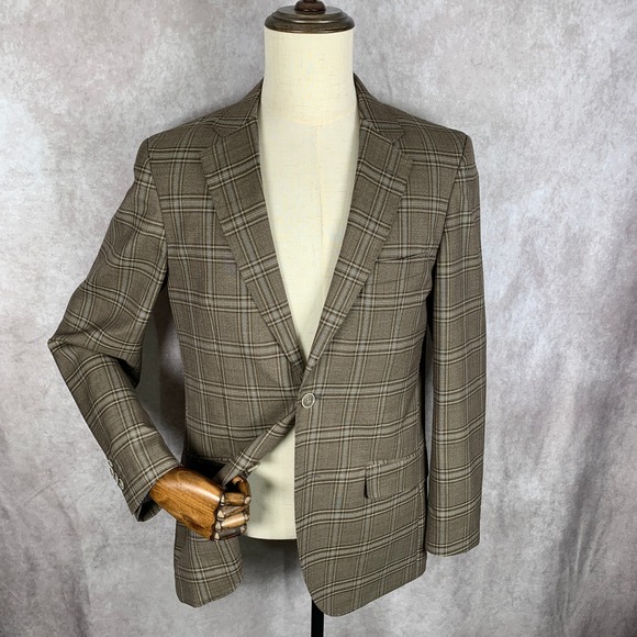 Tailorbyrd Blazer Jacket Men 38R Brown Windowpane Wool Sport Coat Suit